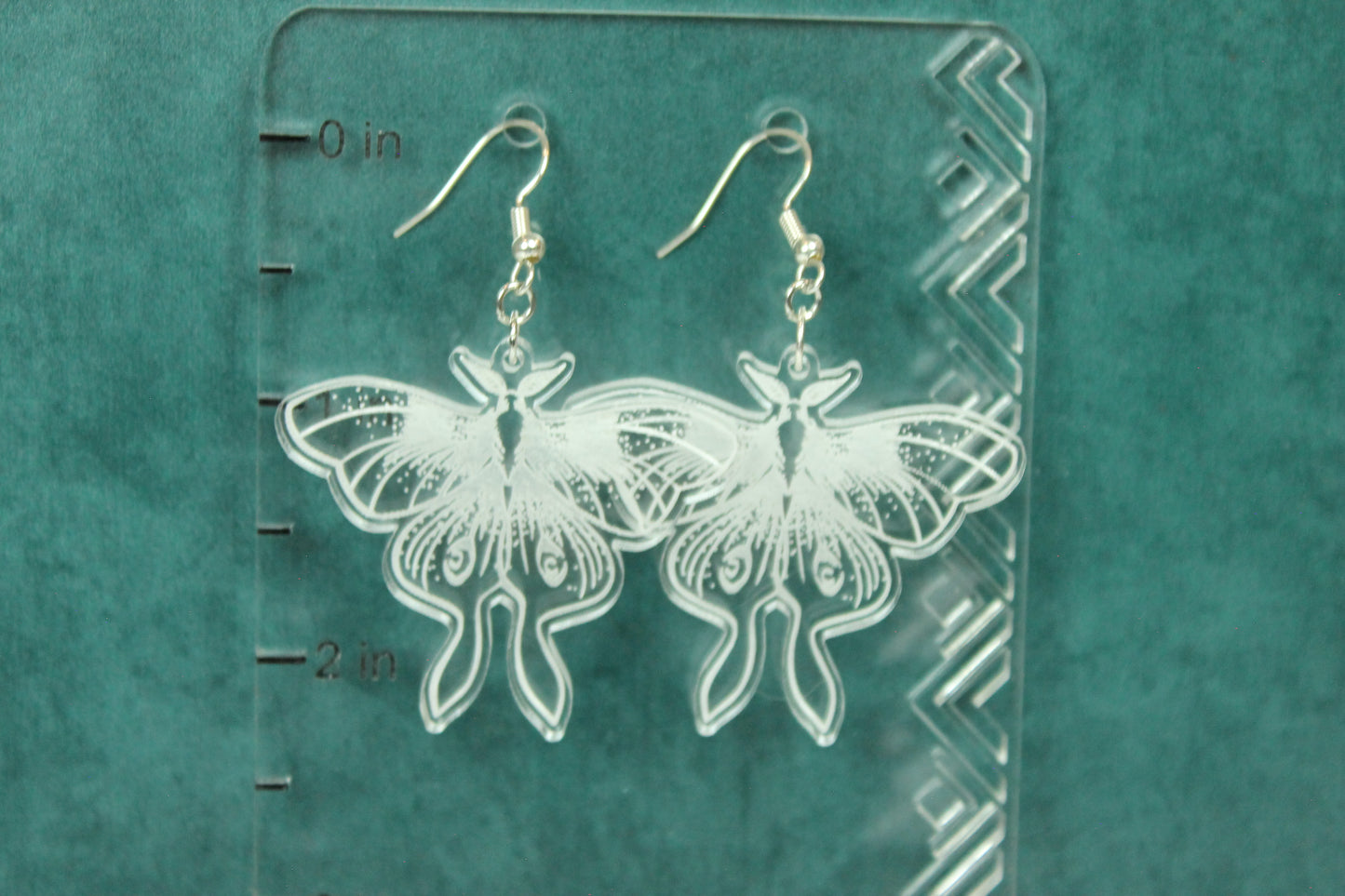 lunar moth dangle earrings, butterfly accessories, butterfly jewelry and earrings, clear acrylic earrings, etched plastic, jewelry, clear