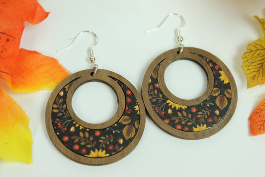 Fall dangle hoop earrings with leaf sunflowers design. Handmade cut from glowforge file. Wood frame acrylic plastic fall pattern look cute!