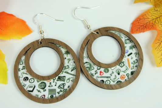 Back to school dangle hoop earrings teacher accessories and jewelry, cute pattern for first day of school and educators. school spirit pride
