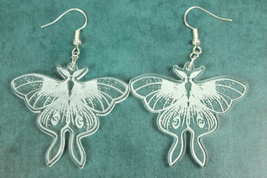 lunar moth dangle earrings, butterfly accessories, butterfly jewelry and earrings, clear acrylic earrings, etched plastic, jewelry, clear