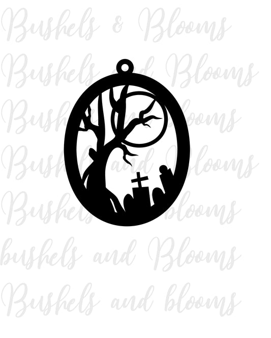 Halloween earring SVG, glowforge cut file!  New custom design, spooky graveyard moonlit night! Holiday jewelry fashion style. costume ready!